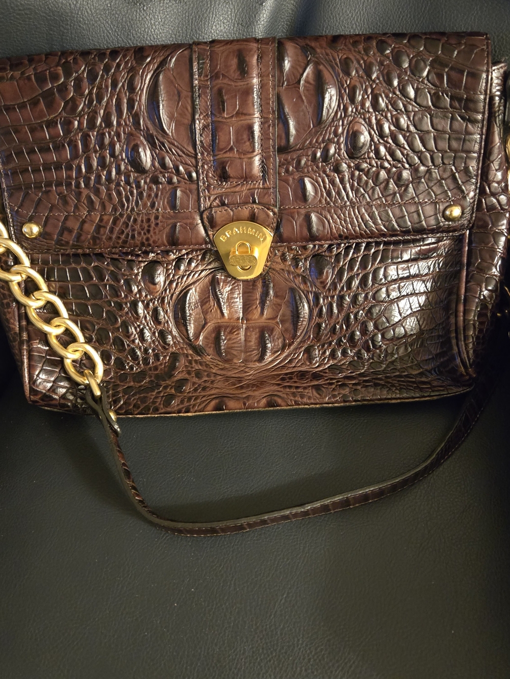 Brahmin Dark Brown Croc-Embossed Leather Shoulder Bag with Gold Hardware